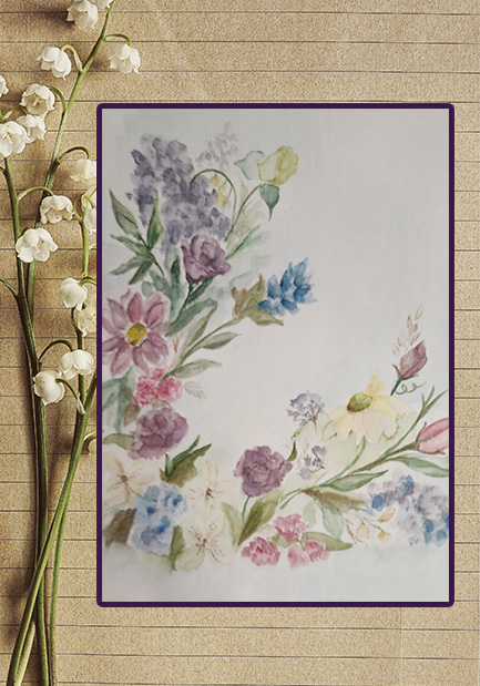 A watercolor painting of flowers and greenery
