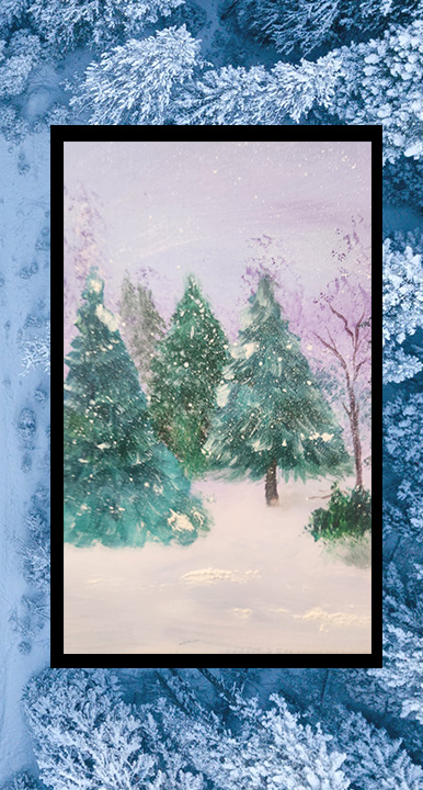A acrylic painting of Evergreens in the snow