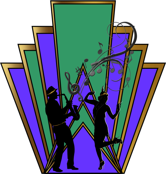 2022 Gala logo: Purple Green and Gold fan graphic with silhouette of a Sax Player and a Flapper Dancer with swirly music notes. 